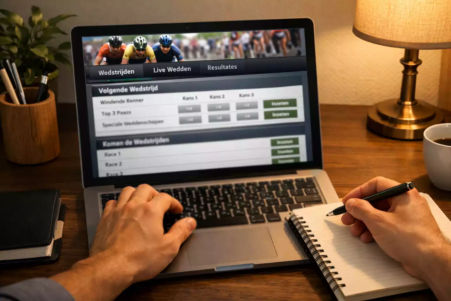 Persoon analyseert wielrenwedstrijden op laptop