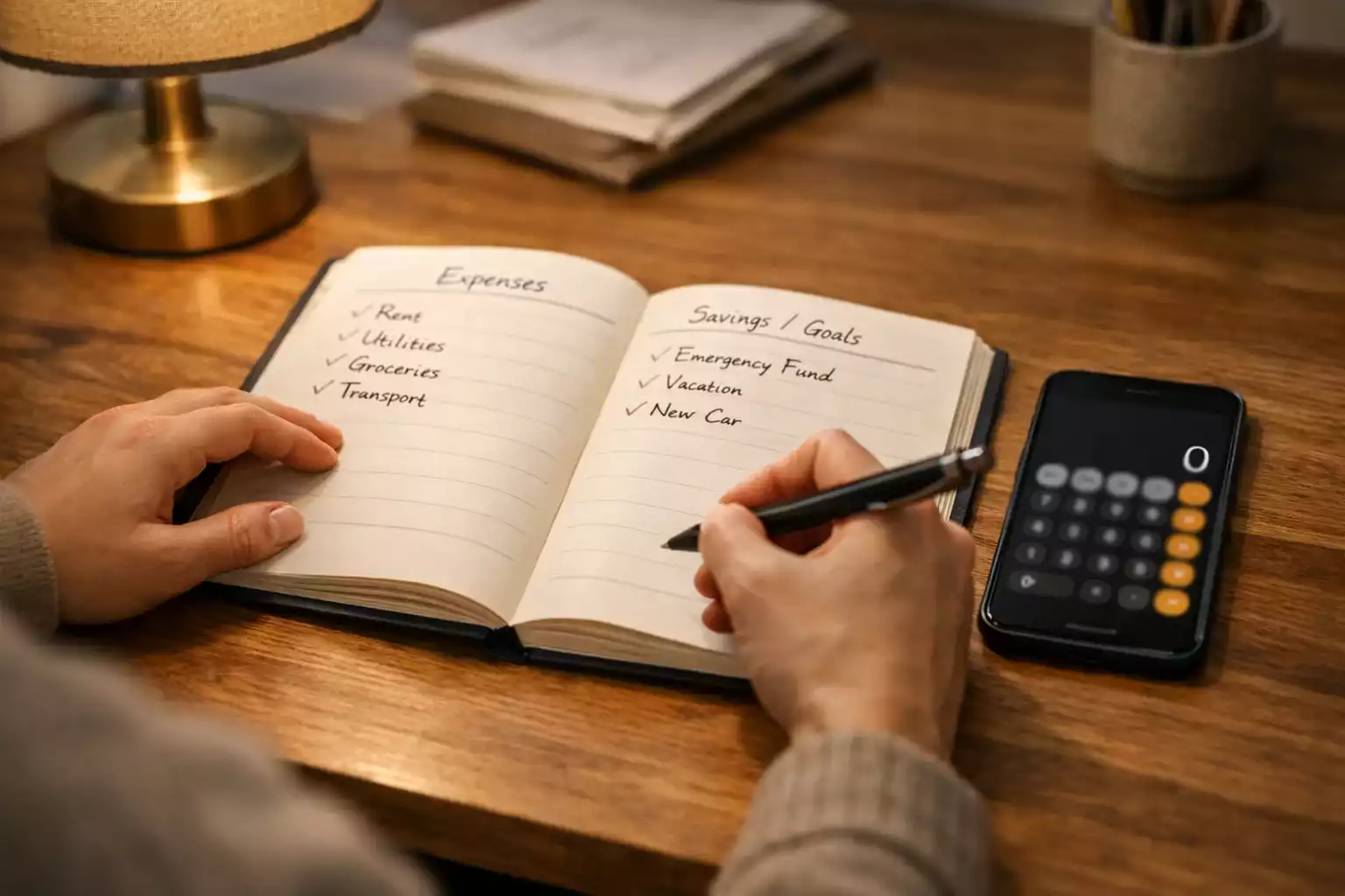 Persoon beheert wedbudget met notitieblok