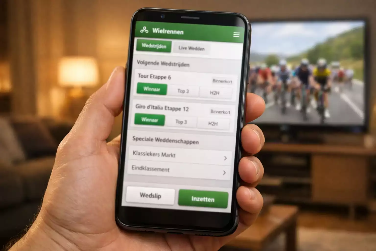 Smartphone met sportweddenschappen wielrennen