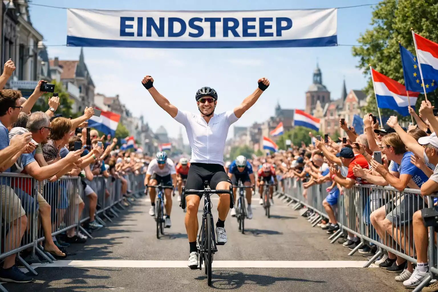 Wielrenkoers finish met toeschouwers langs de kant van de weg