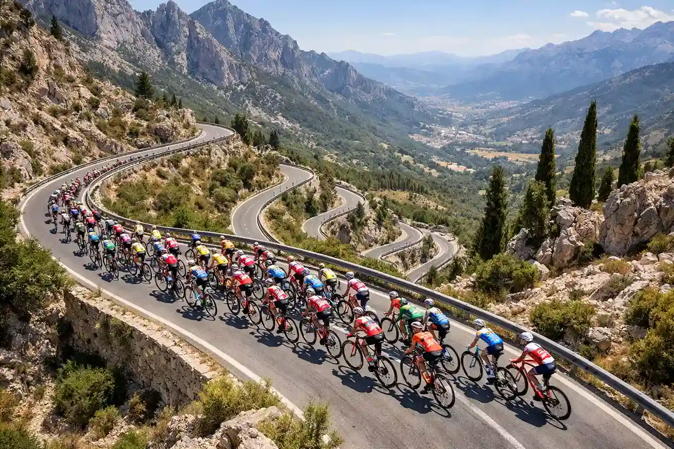 Wielrenners in berglandschap grote ronde