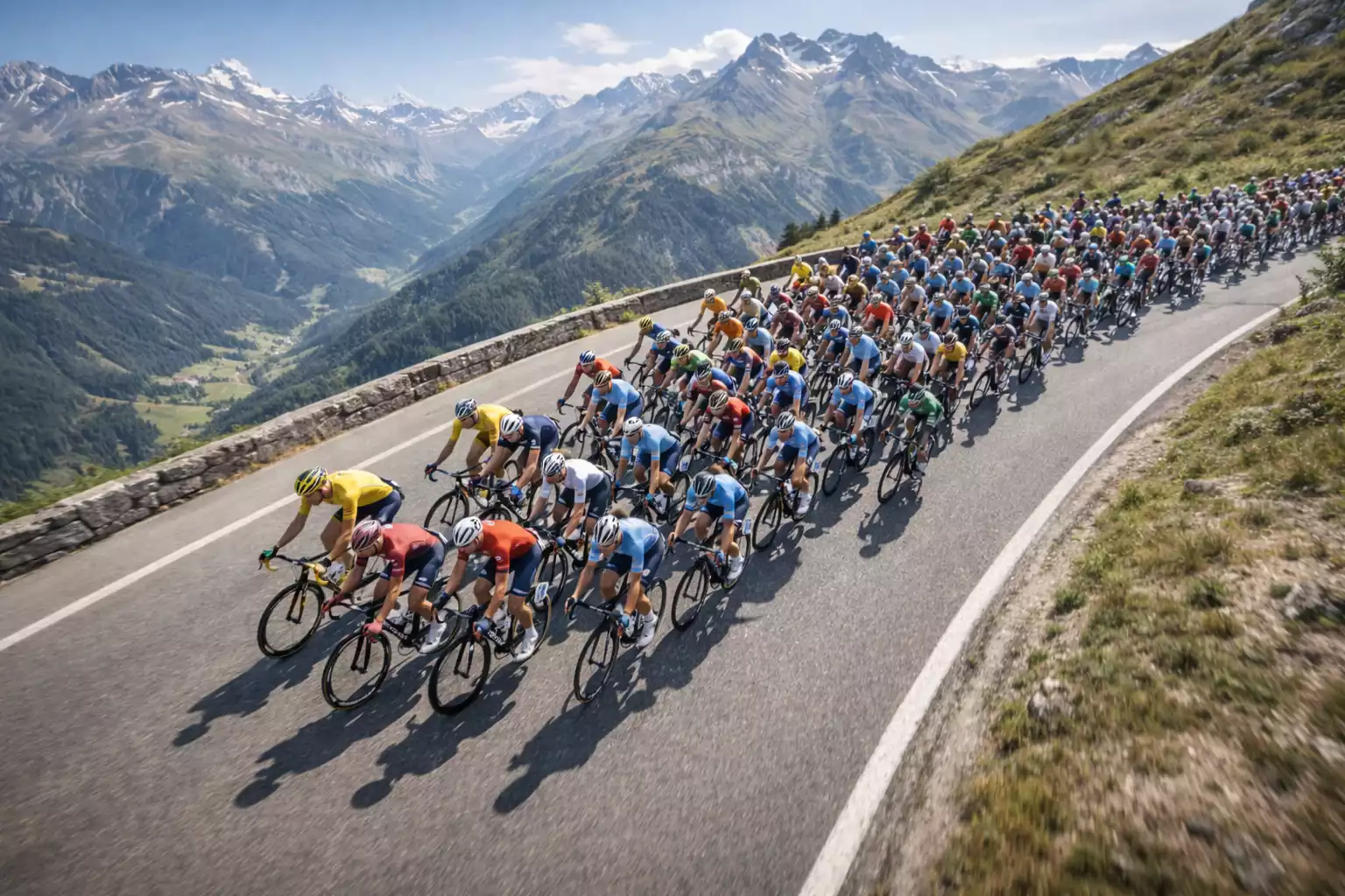 Peloton wielrenners tijdens professionele koers met teamformaties zichtbaar