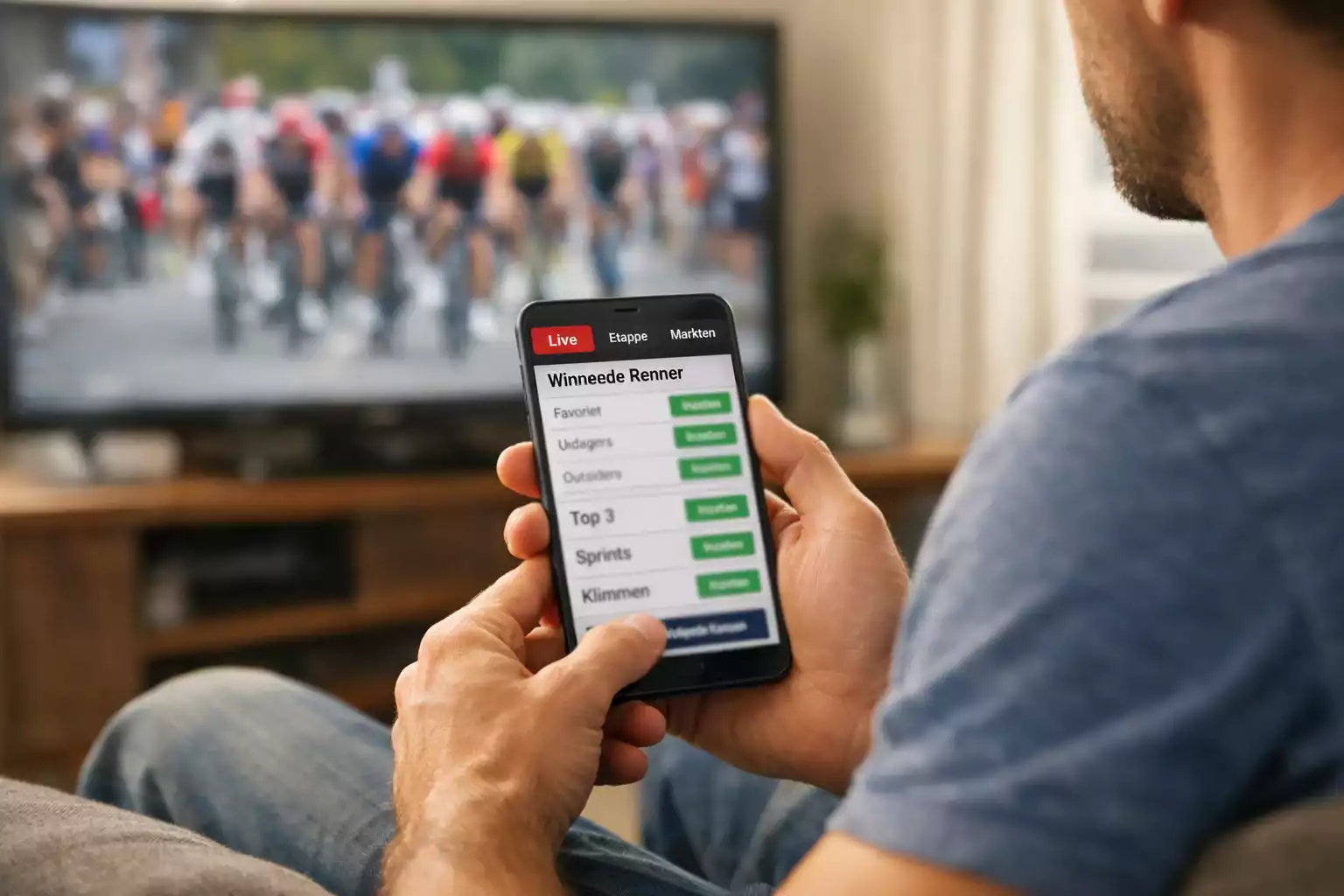 Persoon volgt live wielerwedstrijd op smartphone