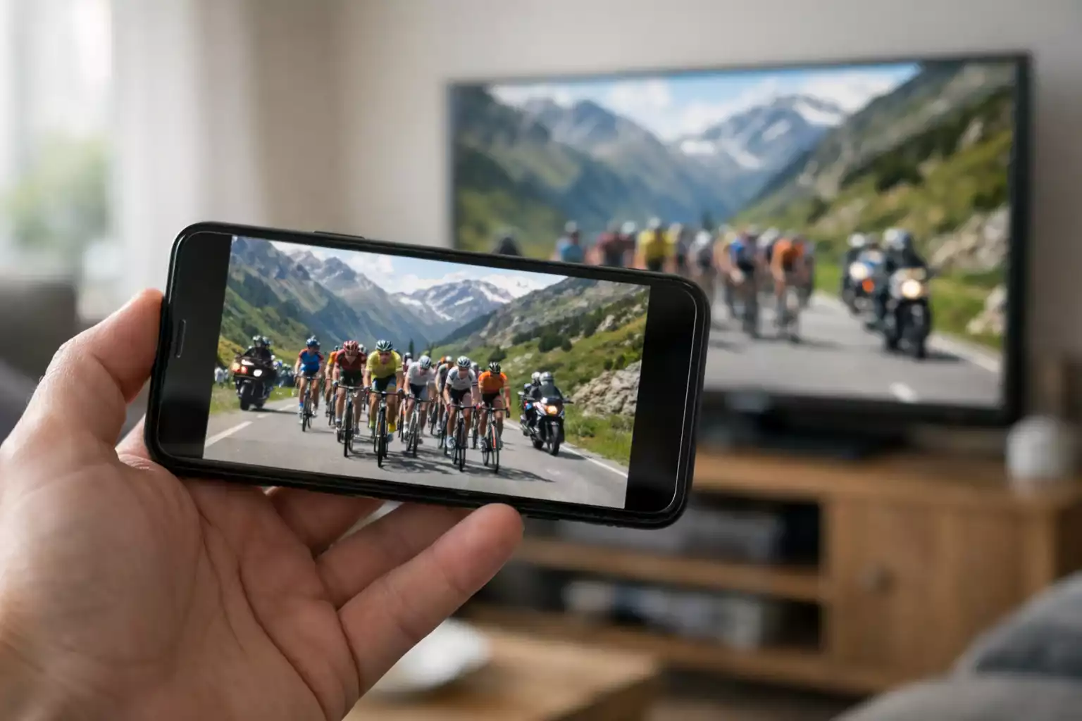 Smartphone toont live wielerwedstrijd uitzending met renners in actie