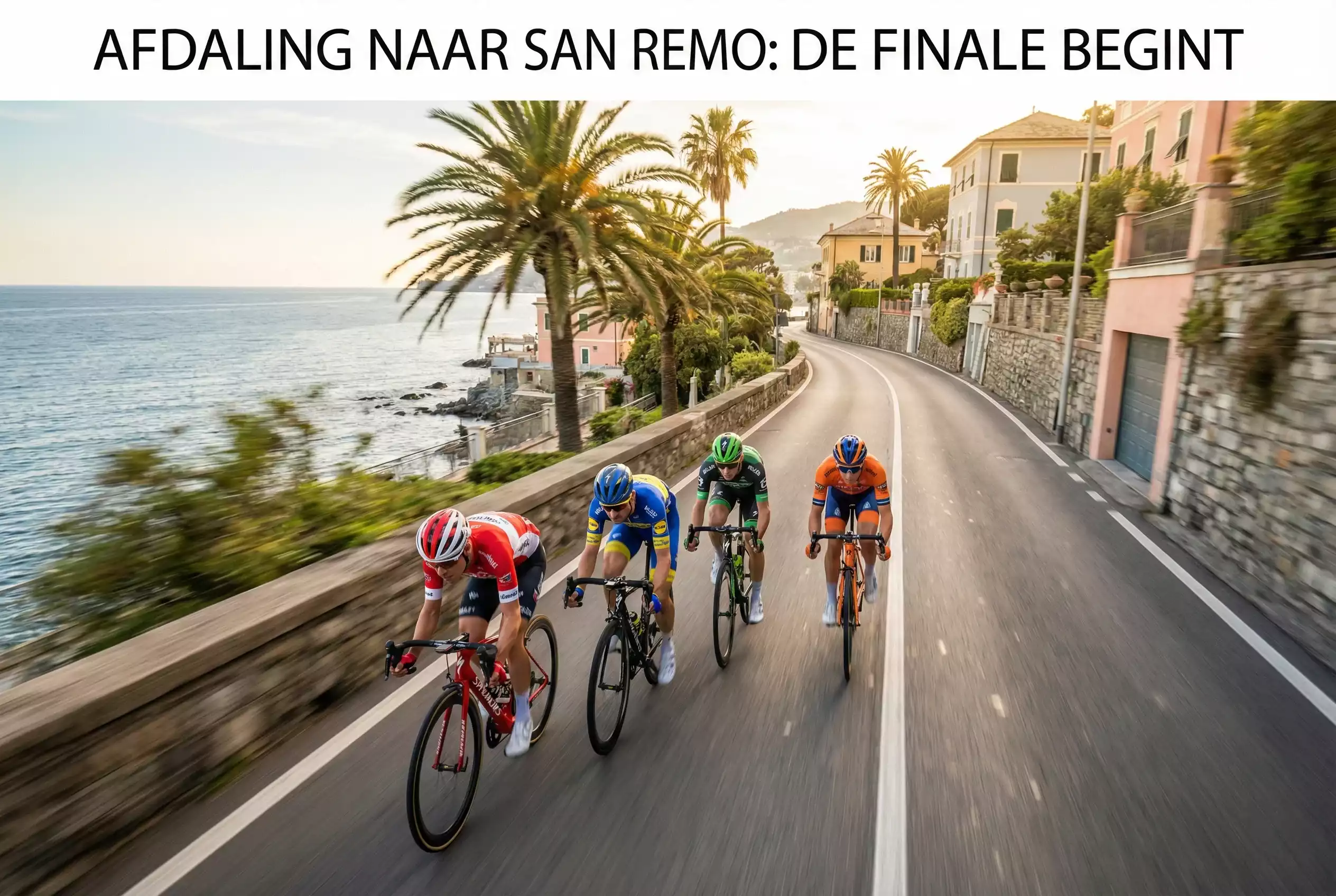 Wielrenners naderen de finish in San Remo na de Poggio