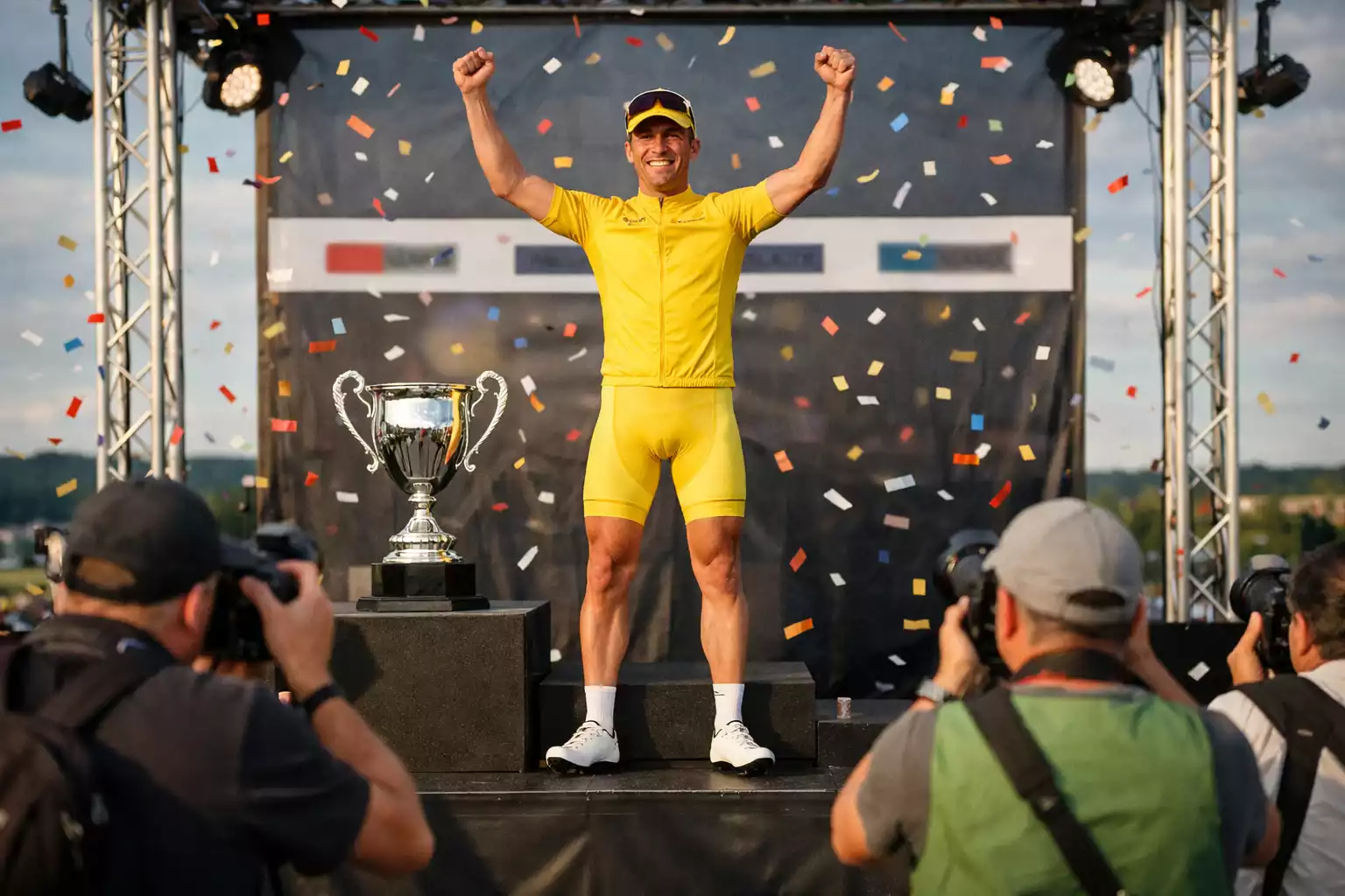 Wielrenner met trofee na grote ronde overwinning