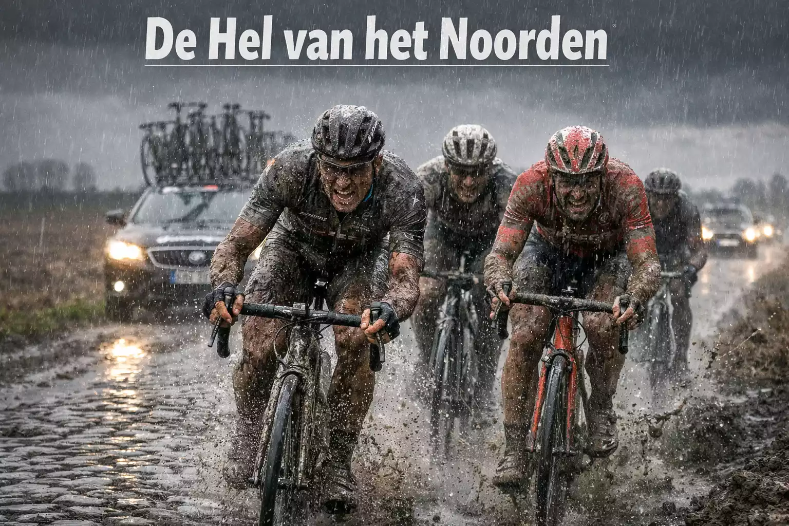 Wielrenners worstelen door modderige kasseien tijdens Parijs-Roubaix