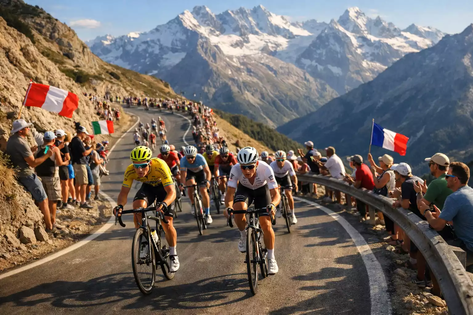 Peloton wielrenners beklimt bergpas tijdens Tour de France