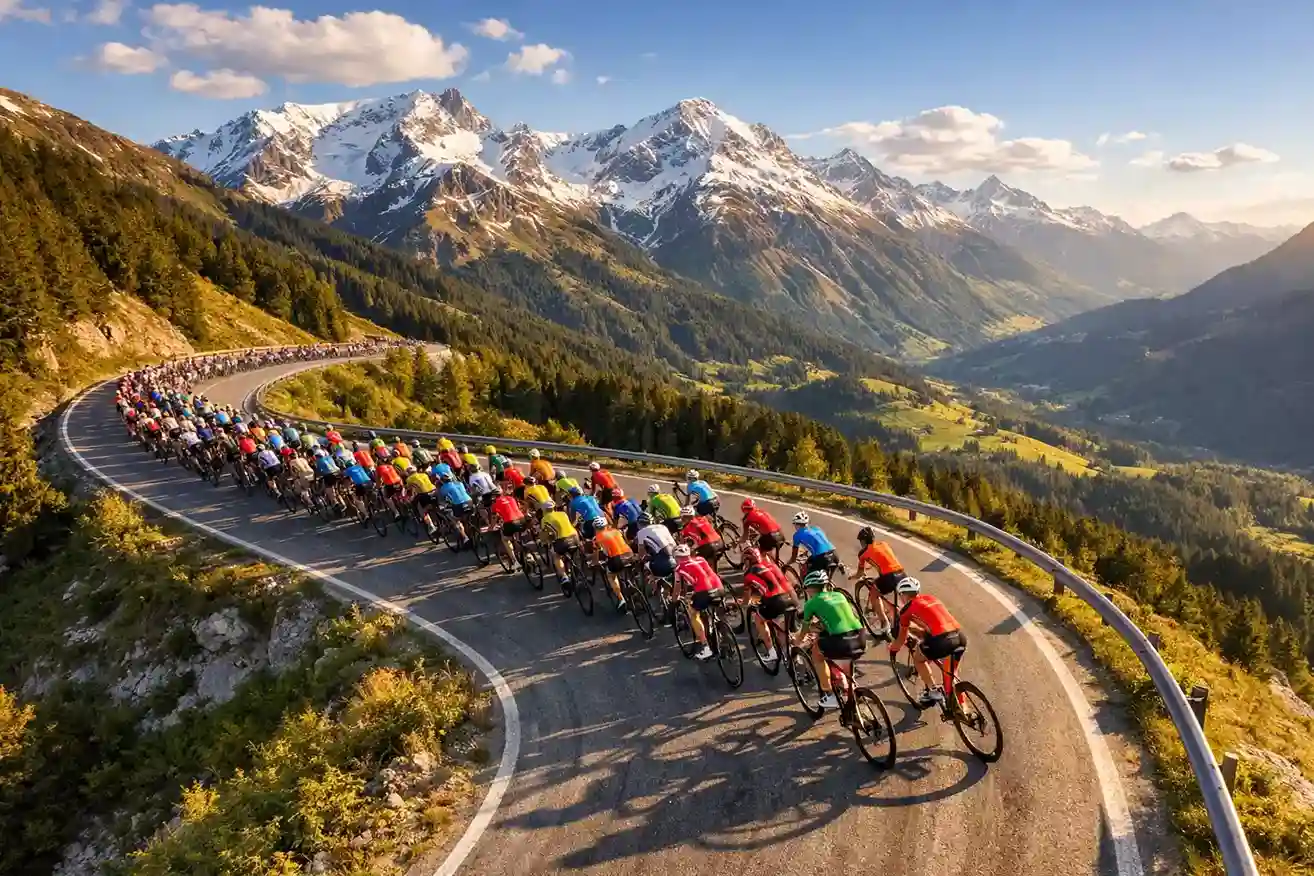 Tour de France peloton rijdt door Franse bergpas met toeschouwers