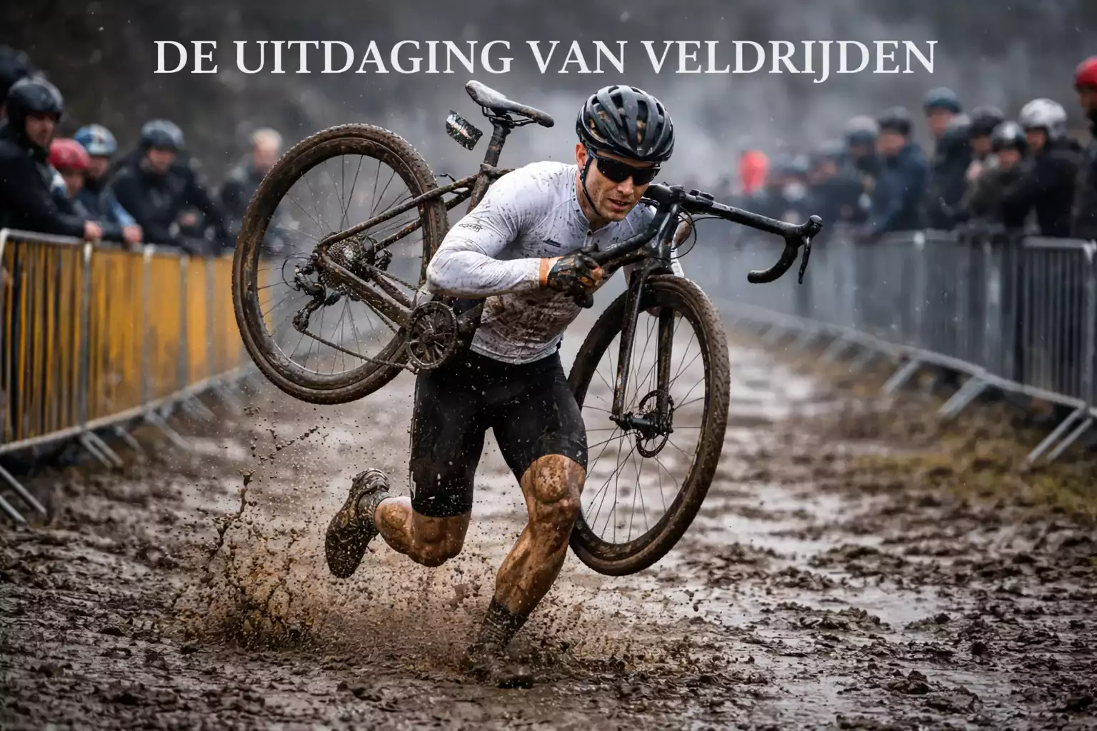 Veldrijder in actie door modderig parcours met fiets op schouder