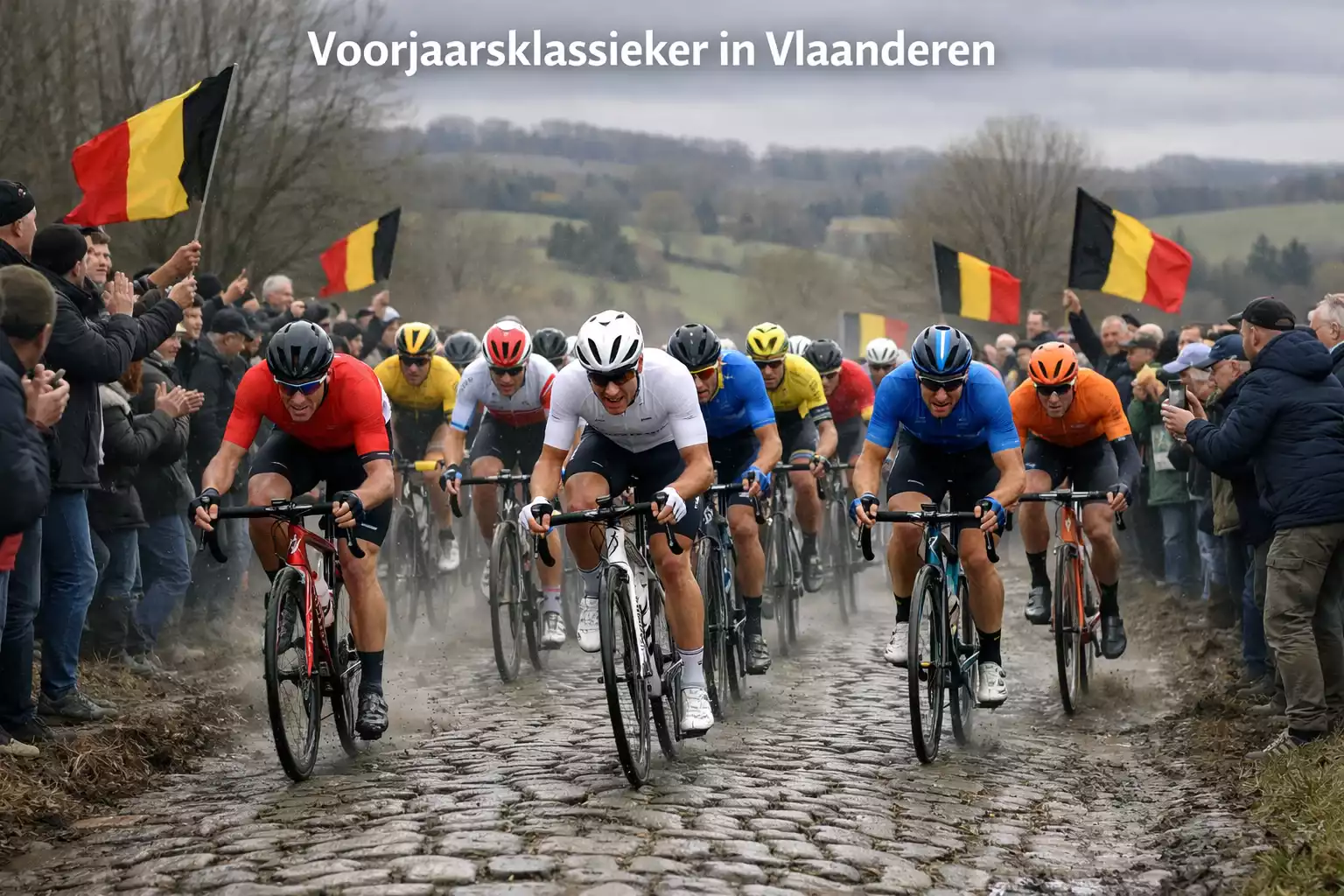 Wielrenners rijden over kasseien in Vlaamse klassieker