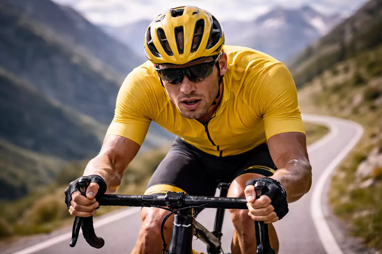 Professionele wielrenner tijdens intensieve training op de weg