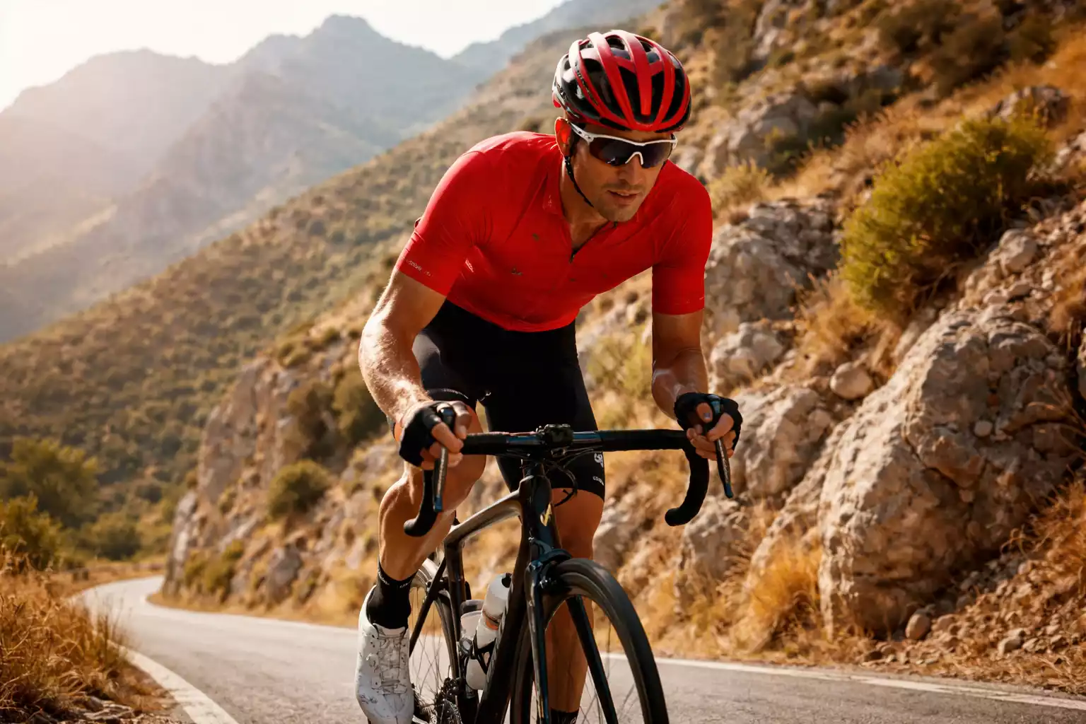 Wielrenner in rode leiderstrui Vuelta a Espa&ntilde;a