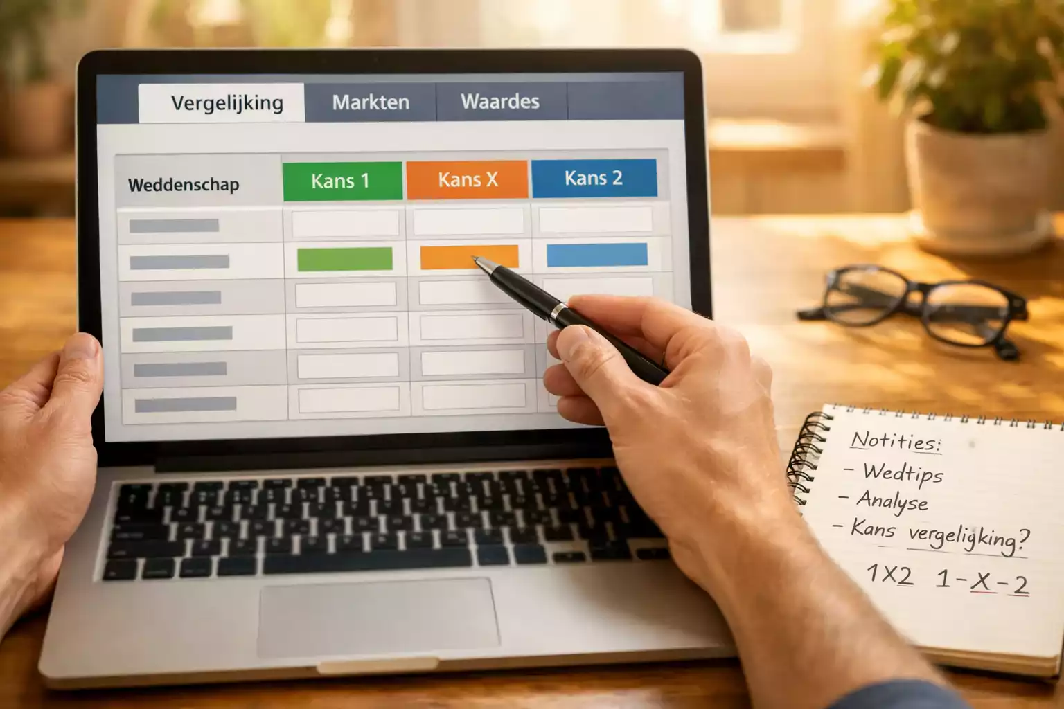Persoon vergelijkt odds op laptop