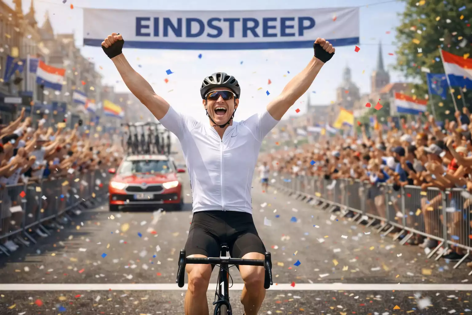 Wielrenner passeert finishlijn met euforisch gebaar