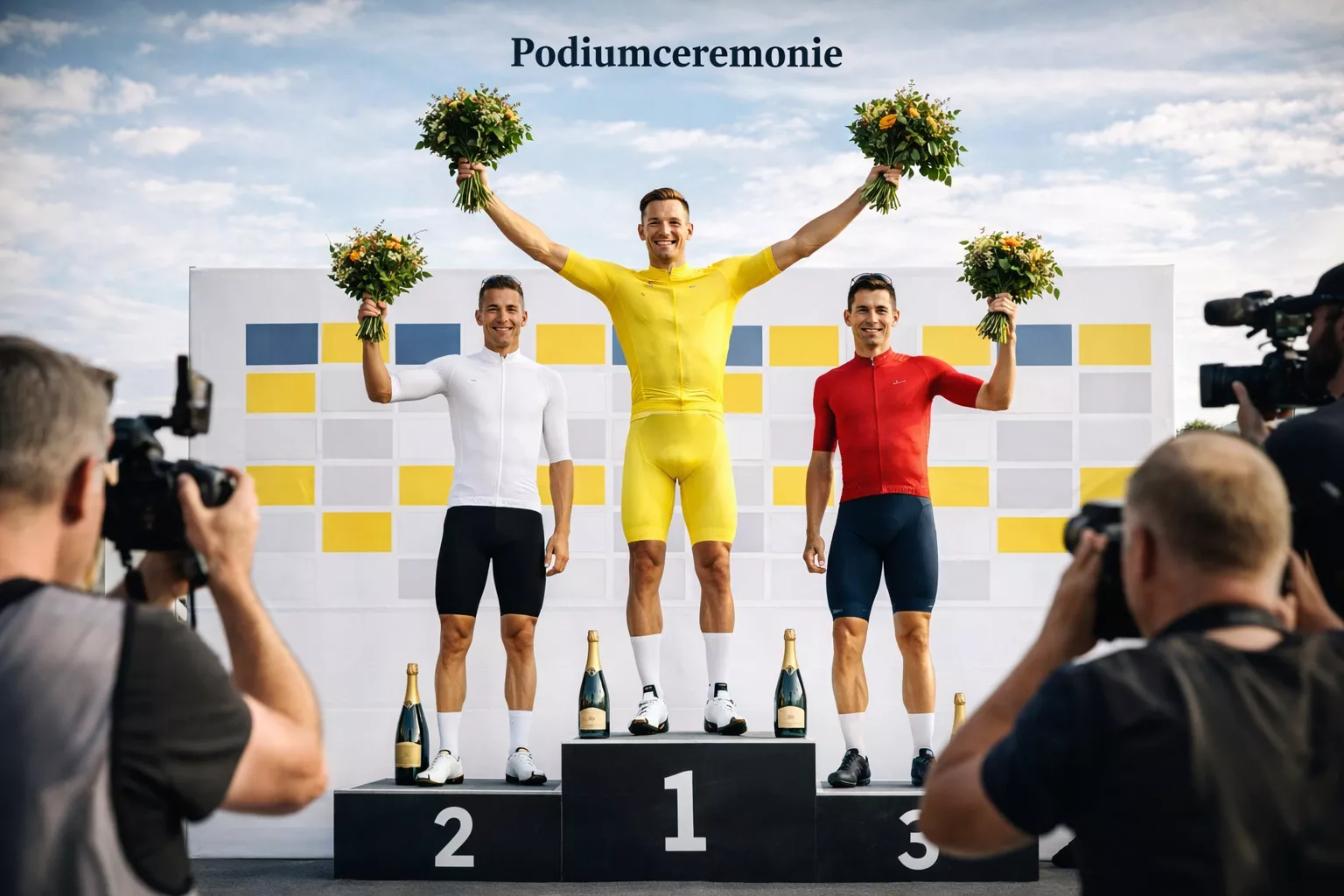 Wielrenners op podium na finish van grote koers