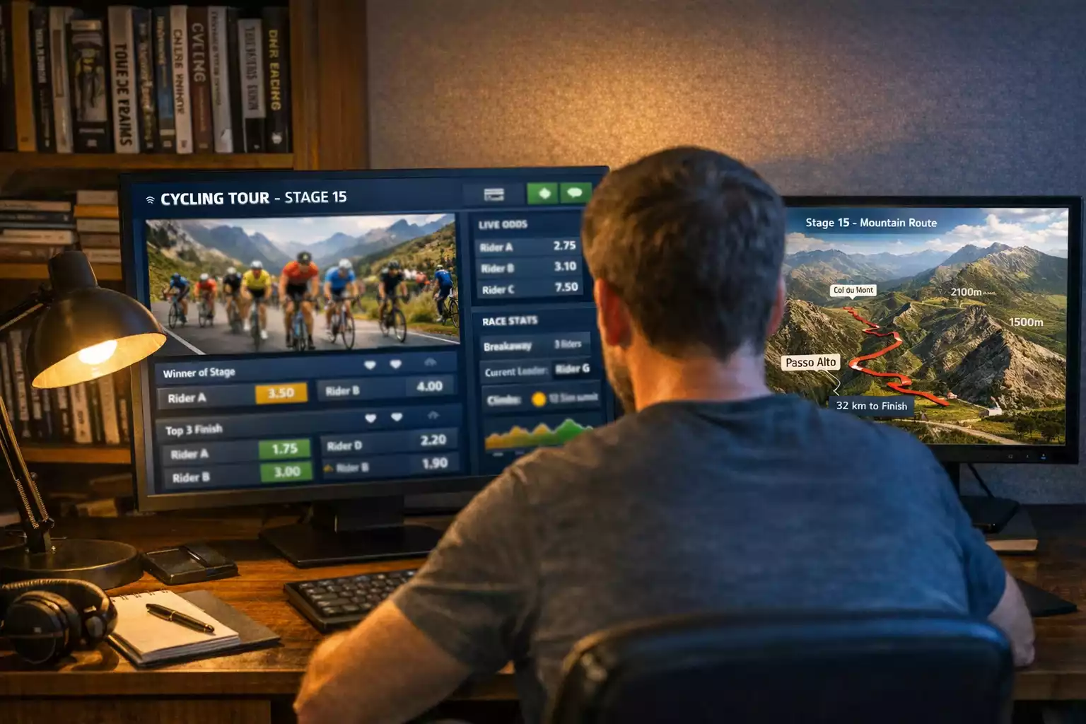 Persoon bestudeert wielrenstatistieken op computerscherm met grafieken