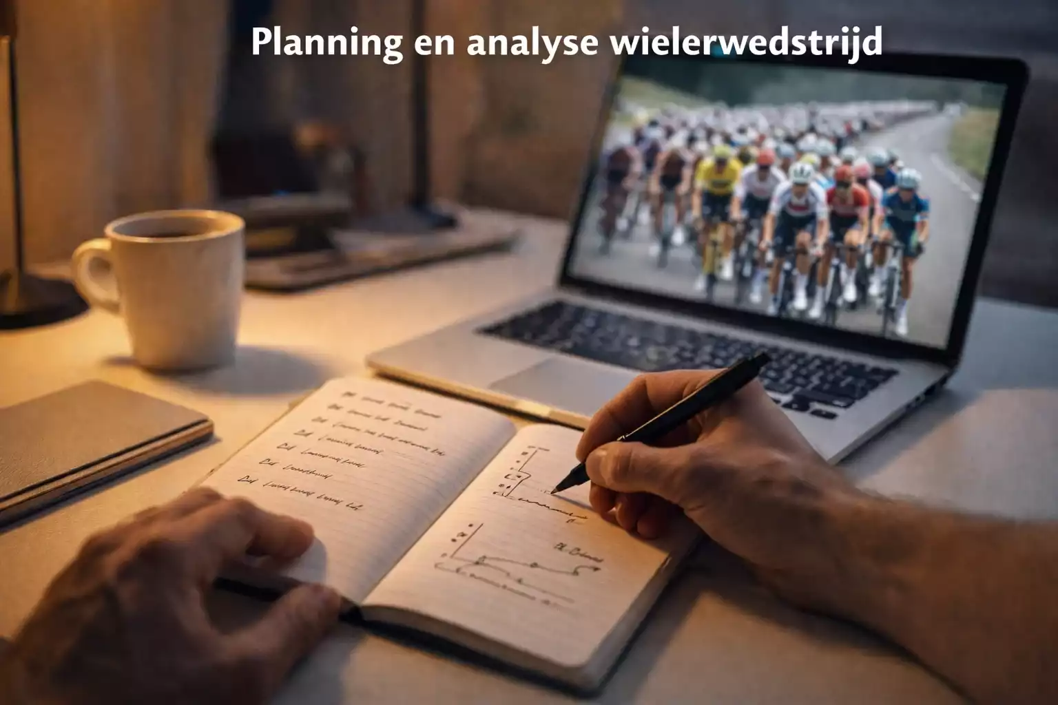 Notitieblok met wedstrategie naast wielrenkoers op scherm
