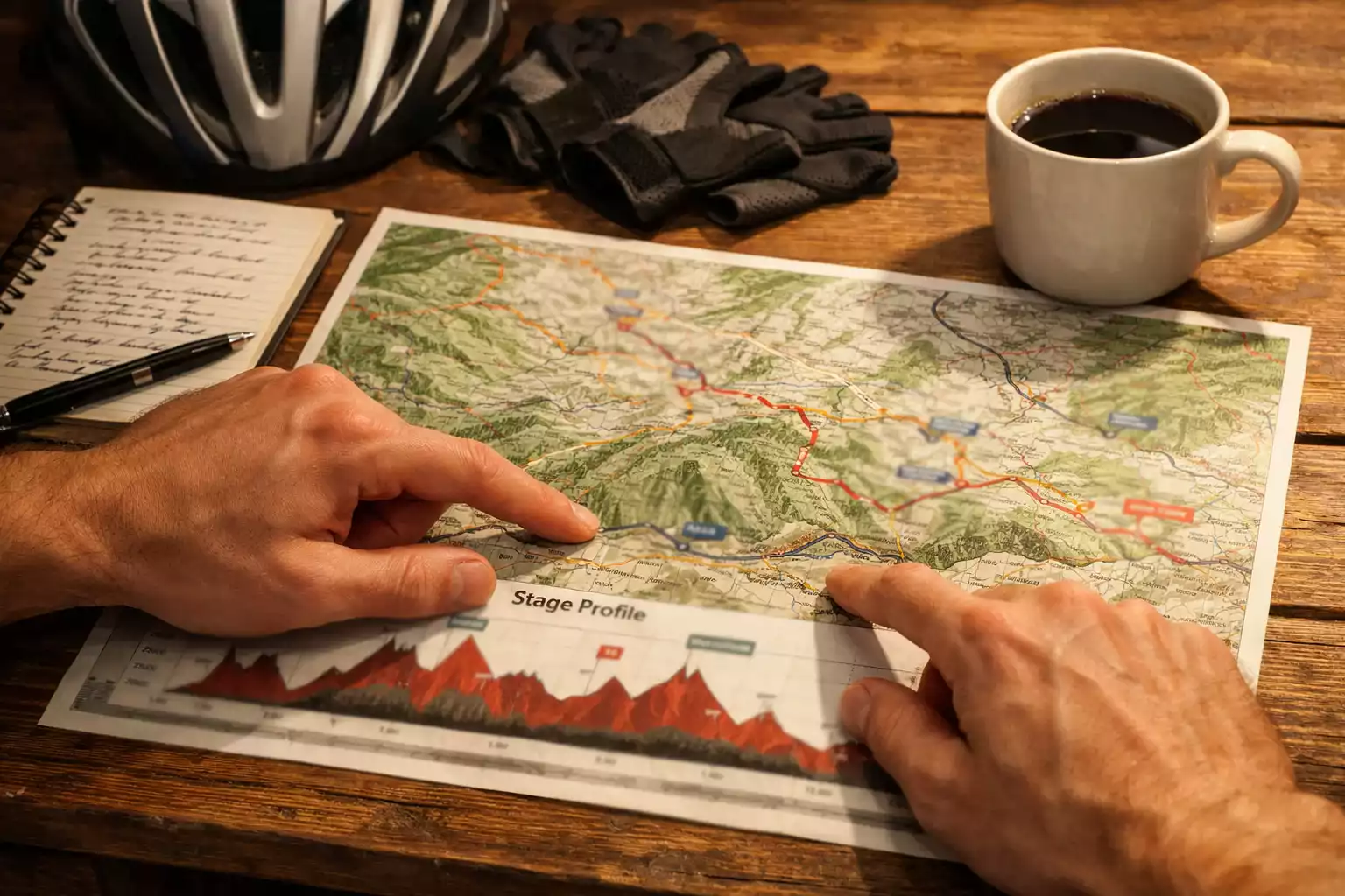 Wielrenner analyseert parcoursprofiel met bergbeklimmingen op kaart