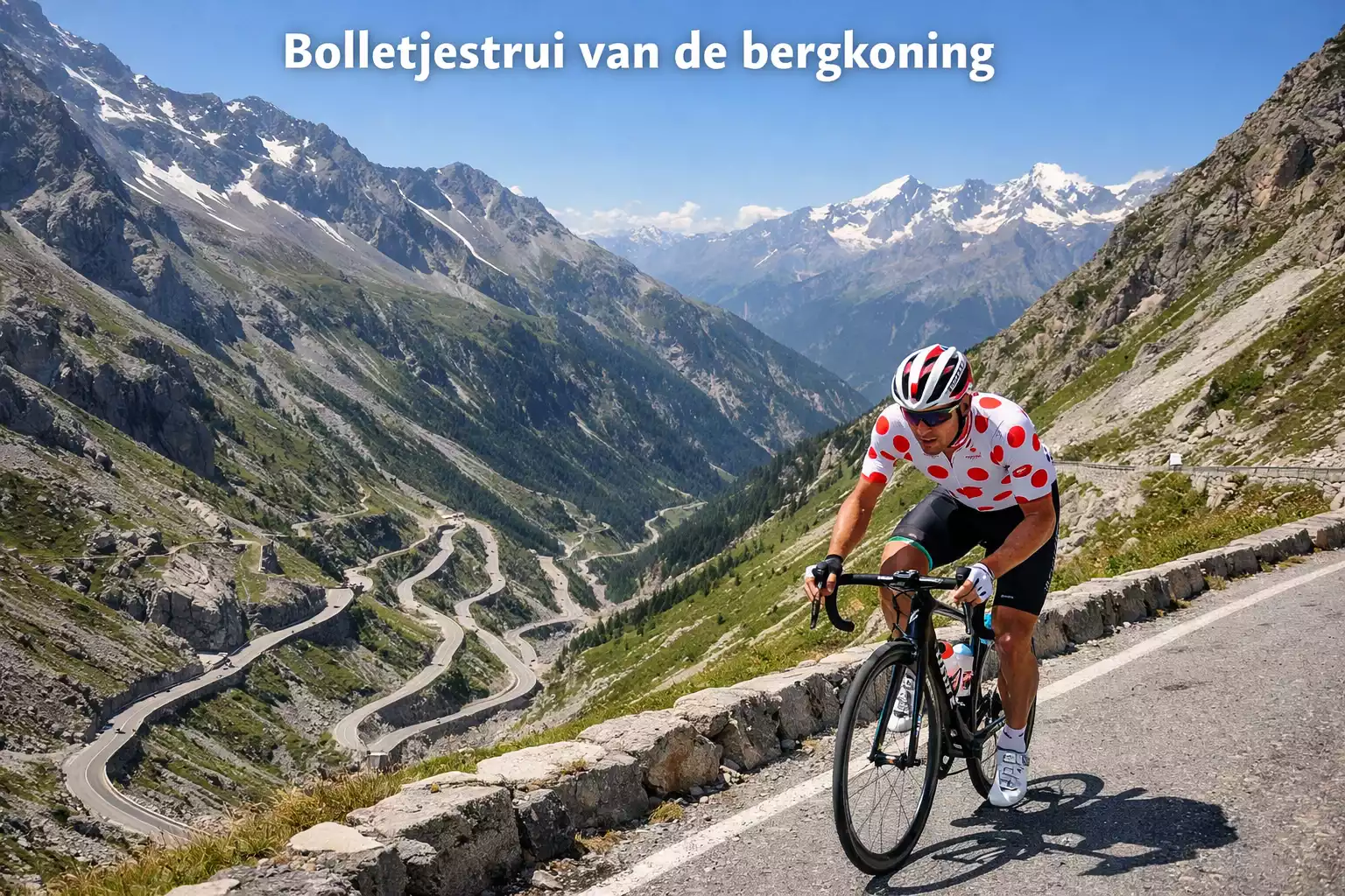 Wielrenner in bolletjestrui beklimt bergpas in grote ronde