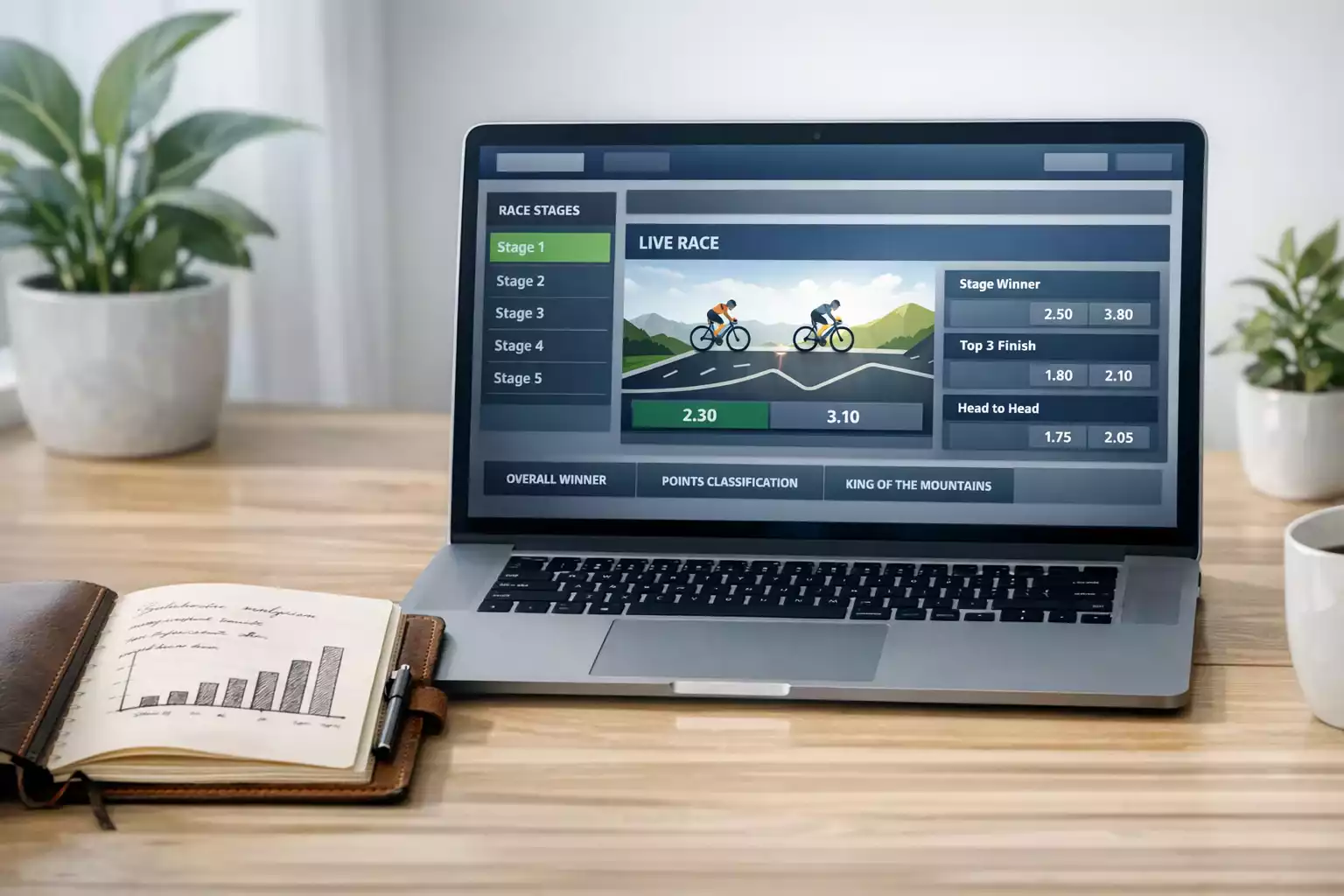 Laptop met wielrennen wedstrijdschema en notitieblok voor analyse