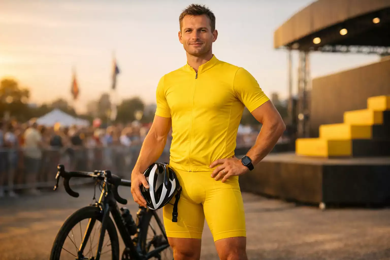 Wielrenner in iconische gele leiderstrui