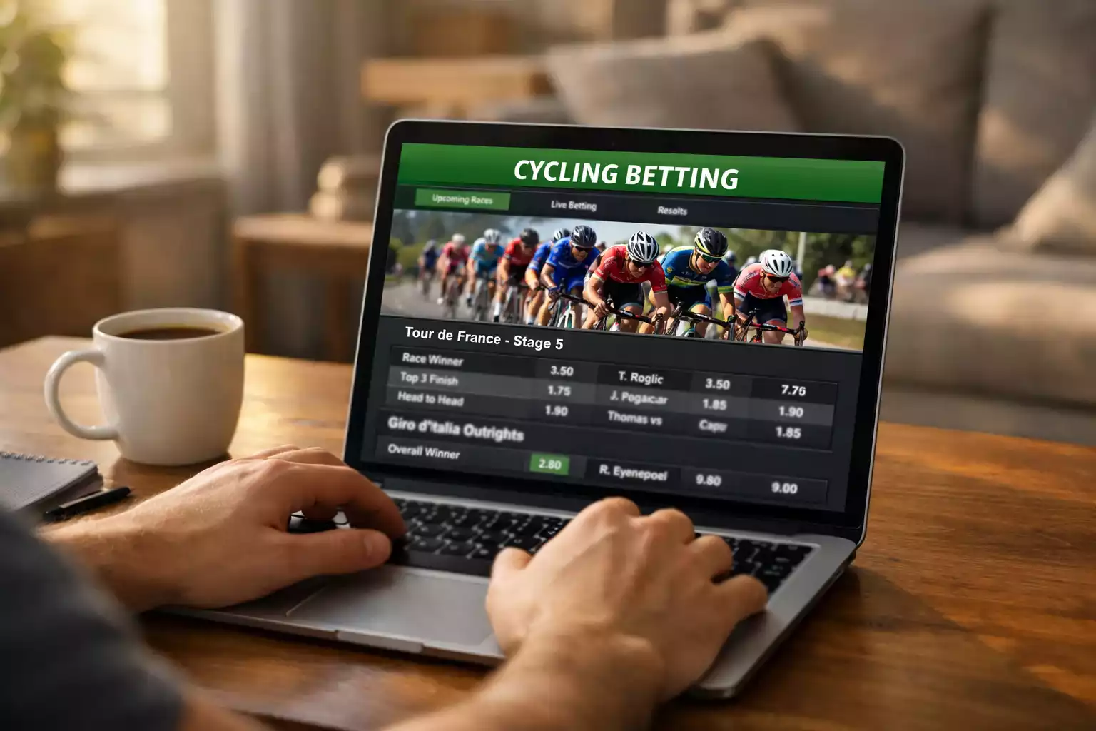 Persoon bekijkt wielrenweddenschappen op laptop