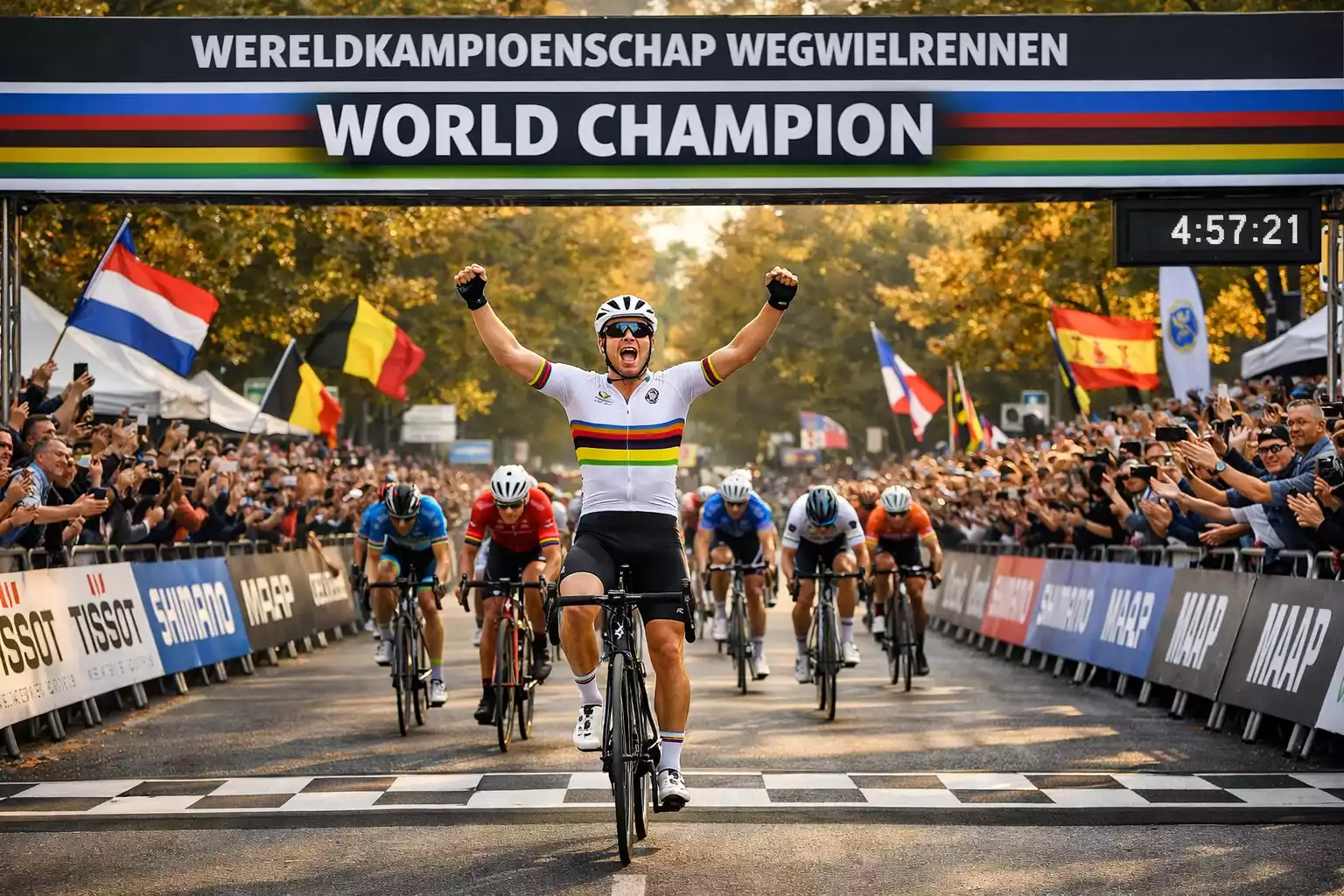 Wielrenners strijden om de regenboogtrui op het WK wielrennen